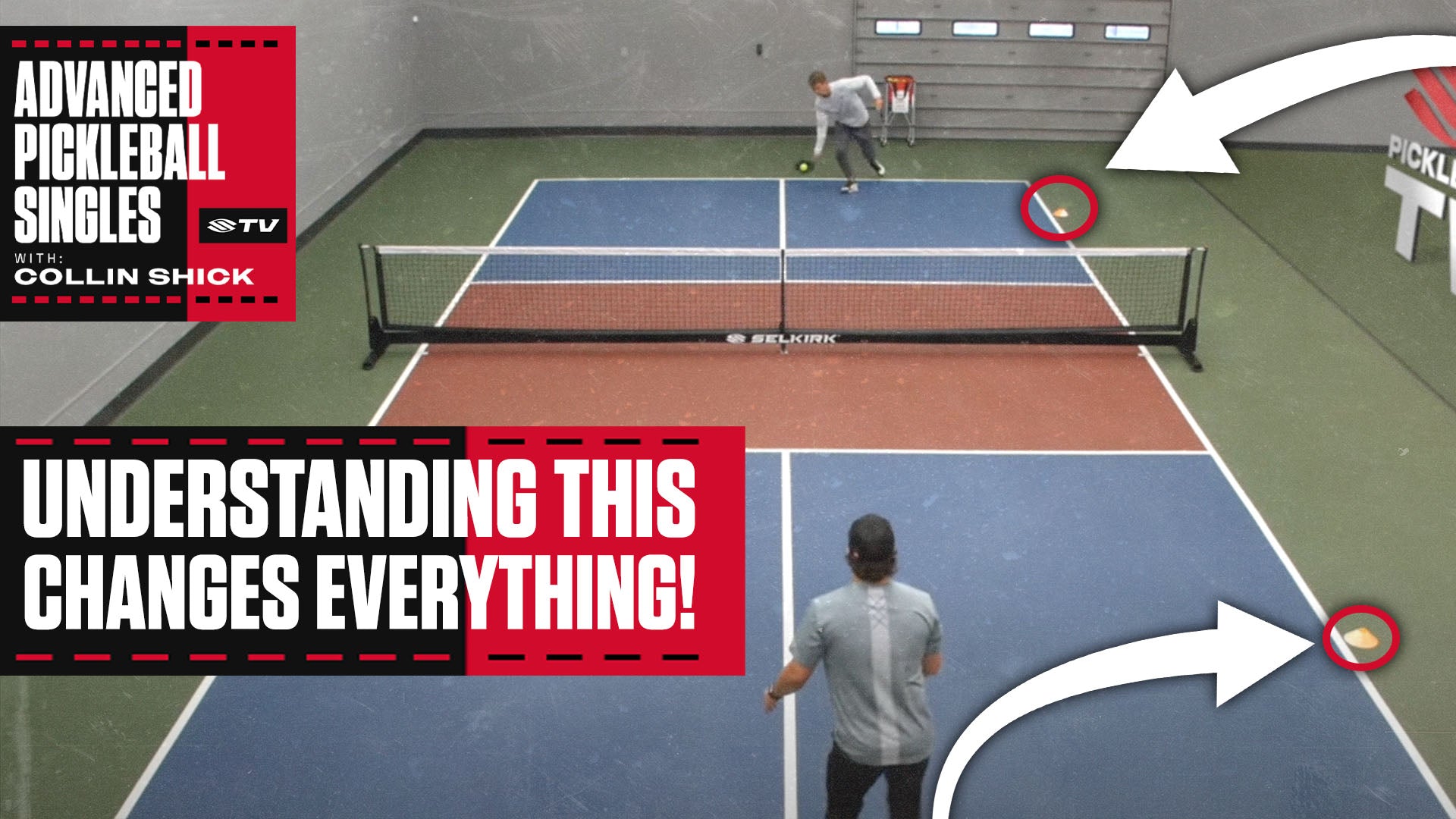 Pro pickleball player Collin Shick receives an attackable ball as he moves toward the kitchen on an indoor pickleball court. 