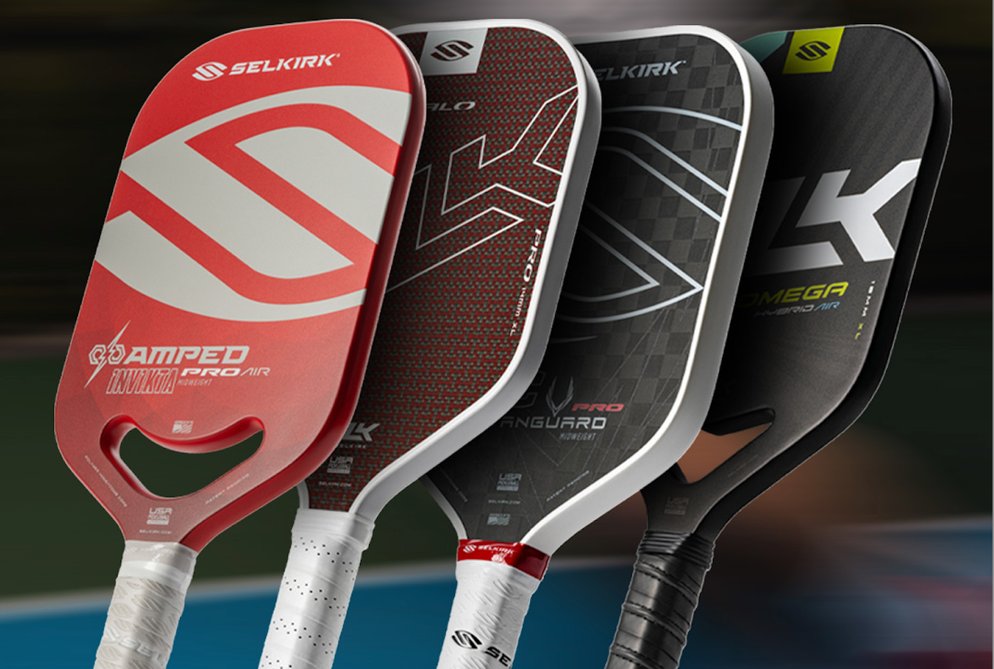 A graphic image shows a lineup of Selkirk hybrid paddles, including the AMPED Pro Air and SLK HALO. 