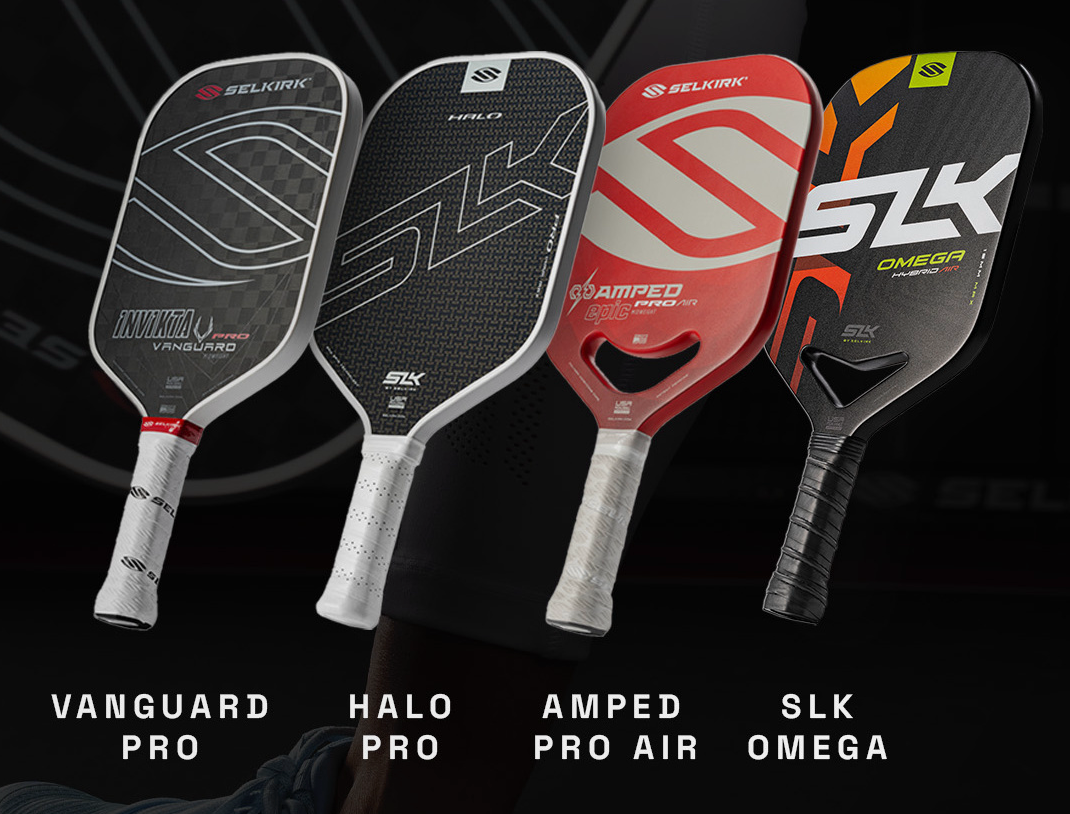 Four Selkirk paddles are shown next to each other to highlight Selkirk's hybrid options: VANGUARD Pro, HALO Pro, AMPED Pro Air, and the SLK Omega. 