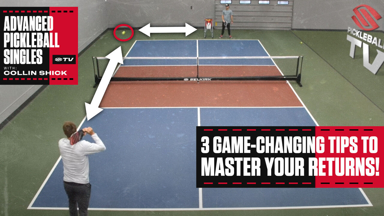 Pro Collin Shick returns a serve to his drilling partner on an indoor pickleball court. 