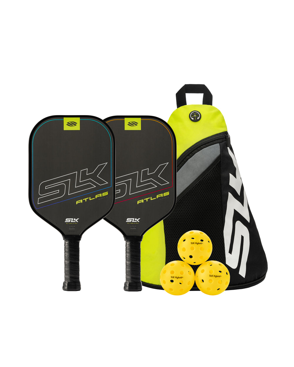 SLK Atlas Max Pickleball Bundle with two paddles, three yellow balls, and a sling bag.