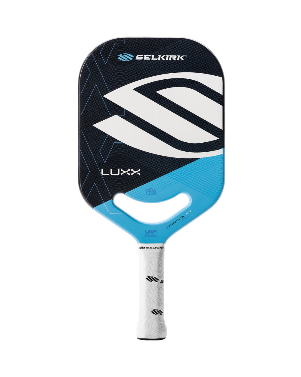 Selkirk Luxx Control Air Epic Pickleball Paddle in red, gold, and blue.