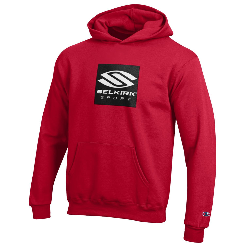 Gray Selkirk Youth Hoodie featuring a red logo on the front