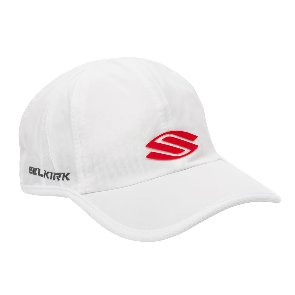 Front view of a black baseball cap with a red Selkirk logo.