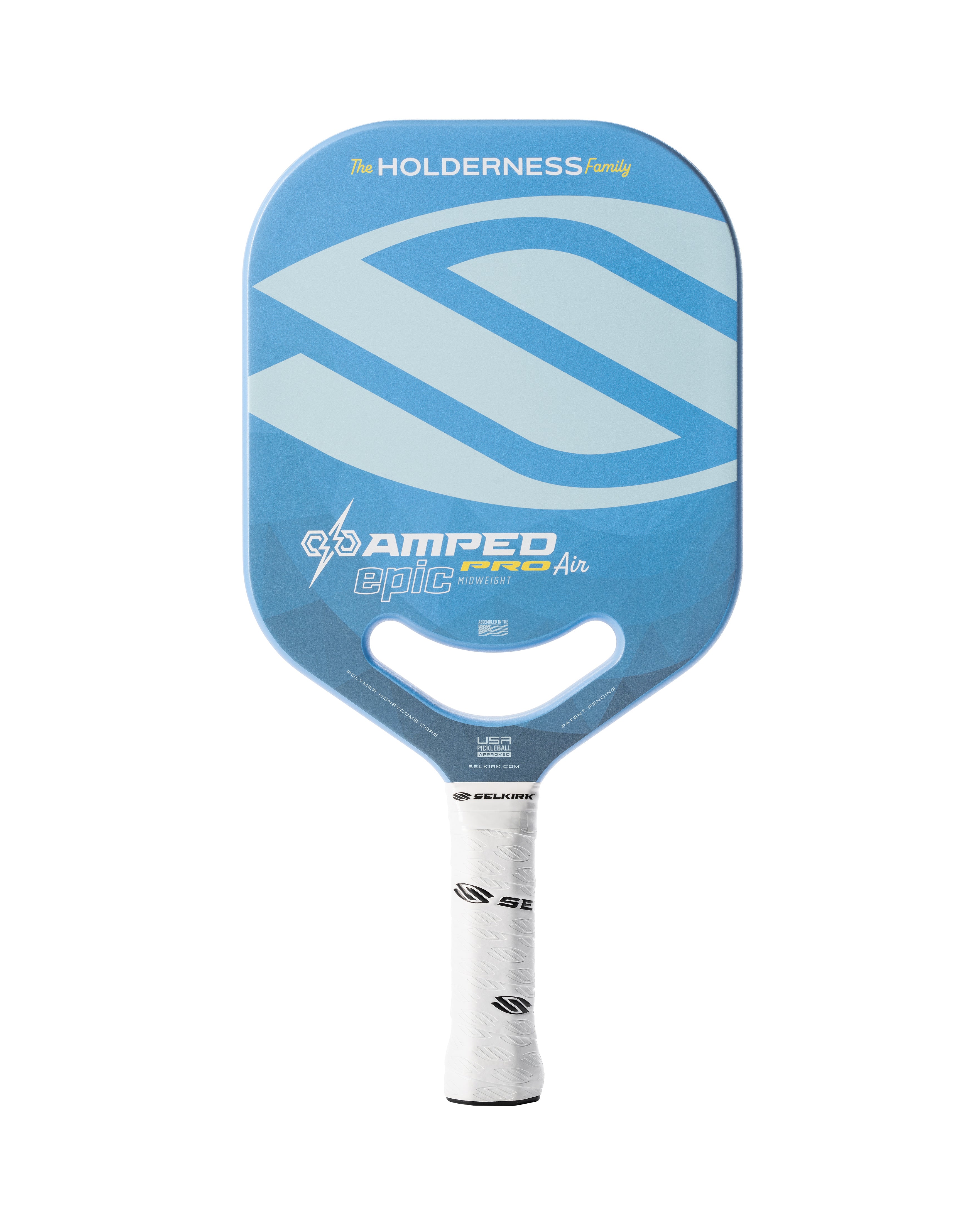 Holderness Family Selkirk AMPED Pro Air pickleball paddle in blue.