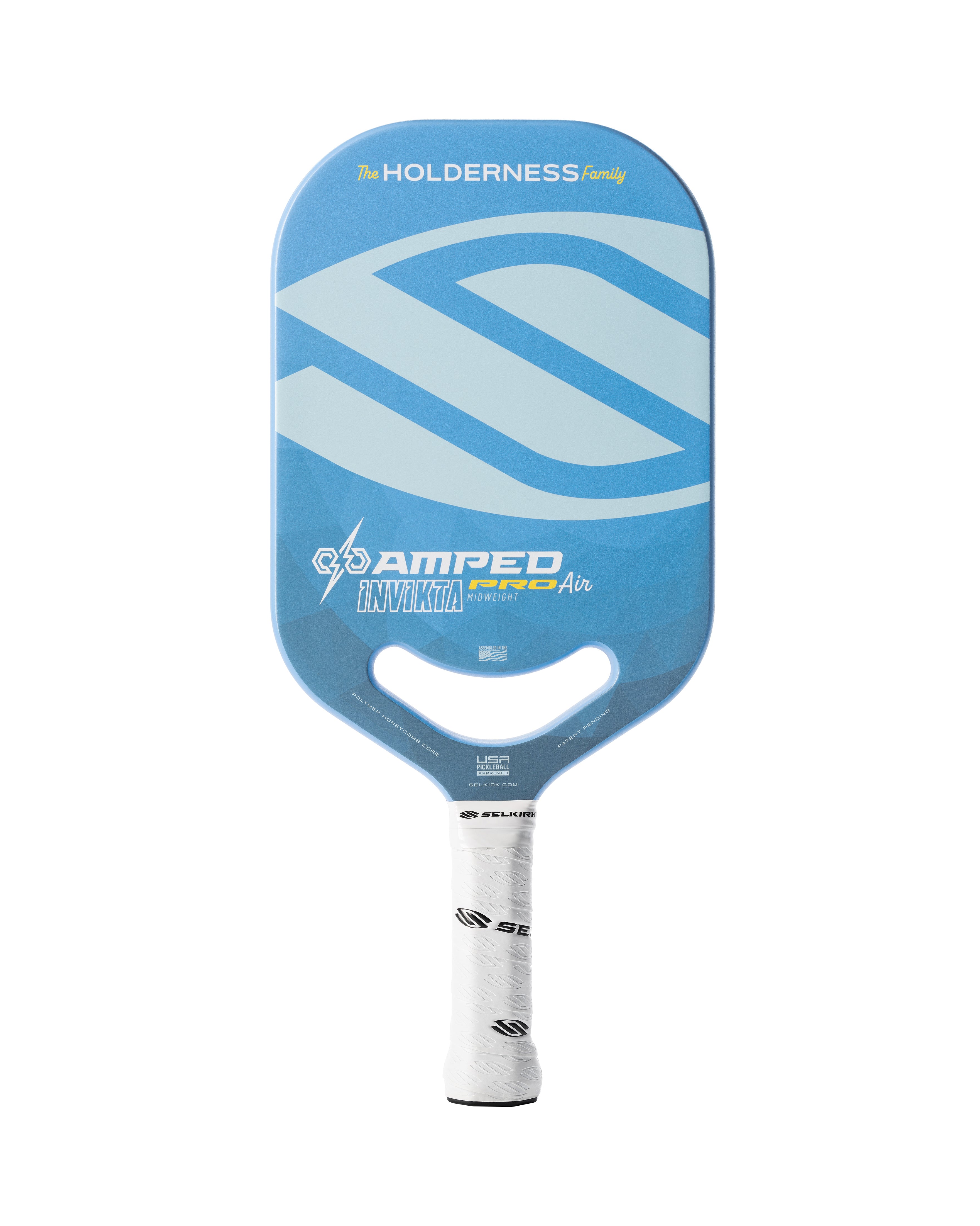 Holderness Family Selkirk AMPED Pro Air pickleball paddle in blue.