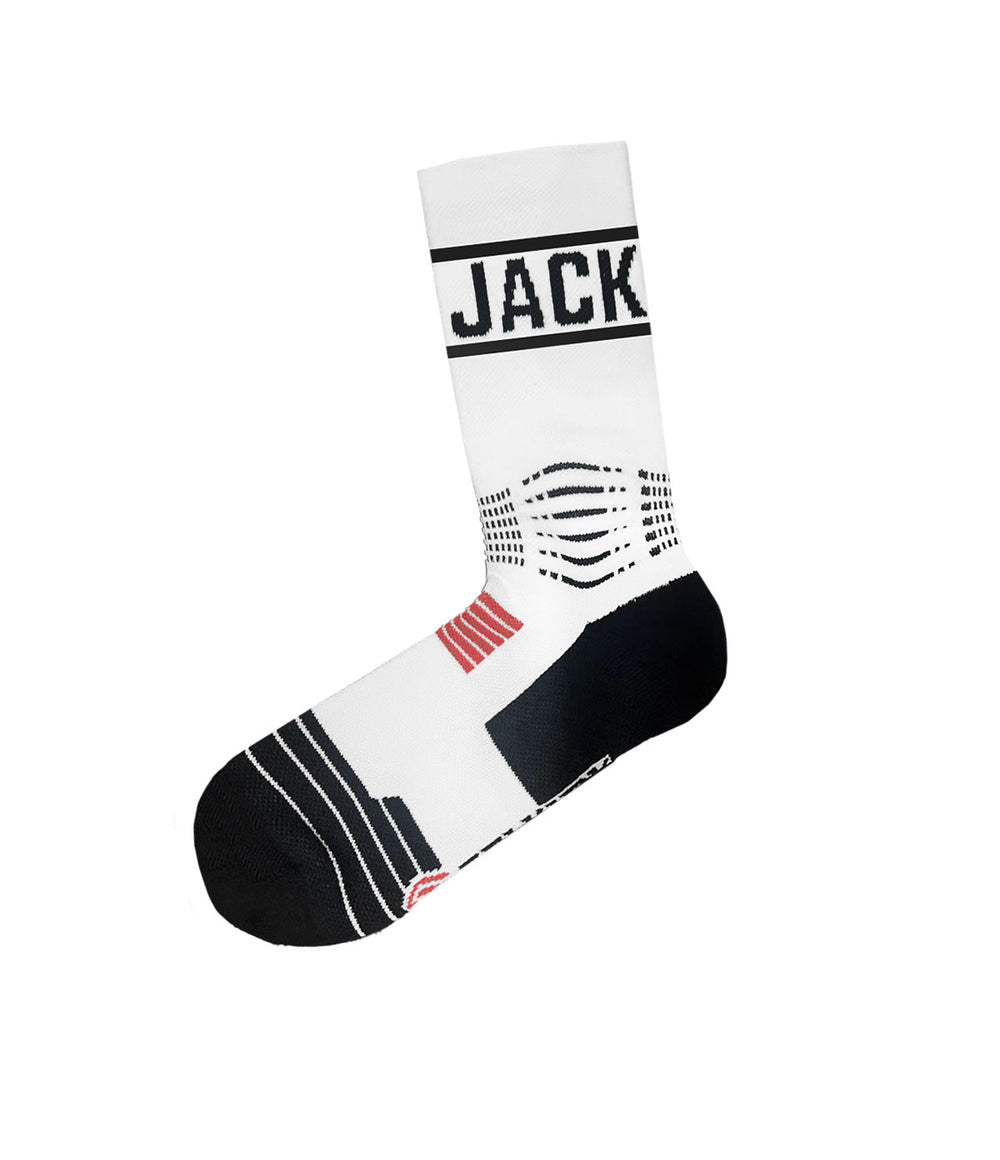 White socks with 'JACK' text and black accents, designed for pickleball.