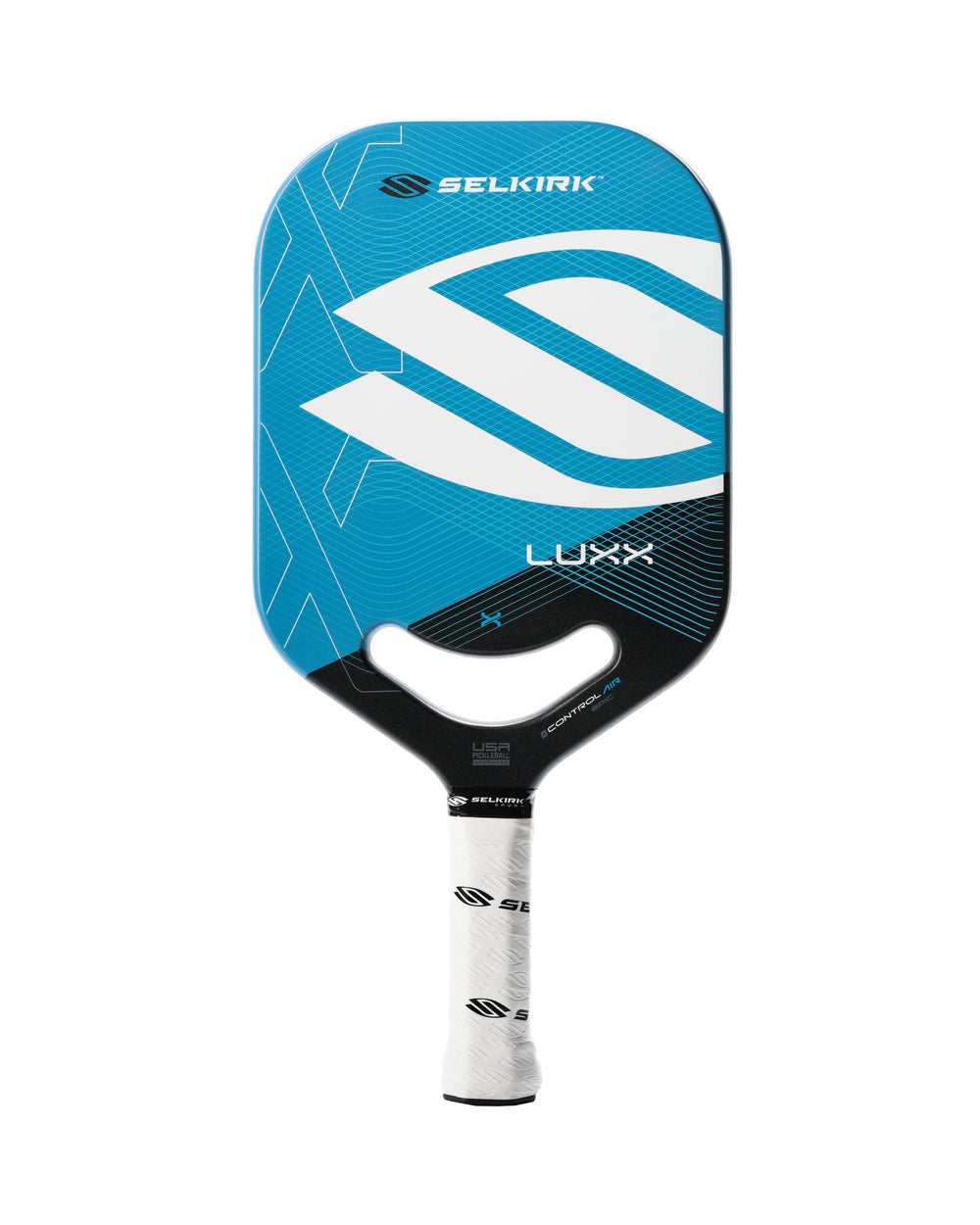 Selkirk Luxx Control Air Epic Pickleball Paddle in red, gold, and blue.