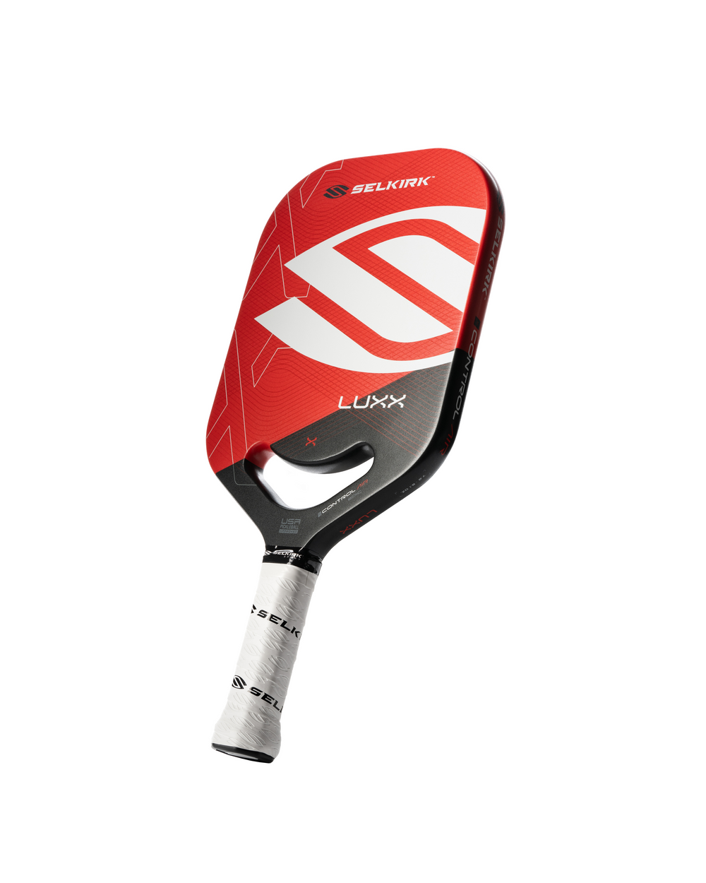 Selkirk Luxx Control Air Epic Pickleball Paddle in red, gold, and blue.