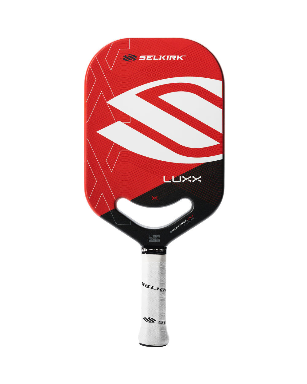 Selkirk Luxx Control Air Invikta Pickleball Paddle in red, gold, and blue.