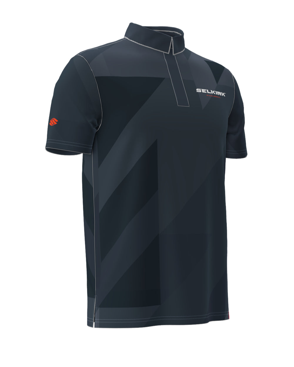 Selkirk Sport men's Symmetrix polo pickleball tee shirt in black, grey, and red.