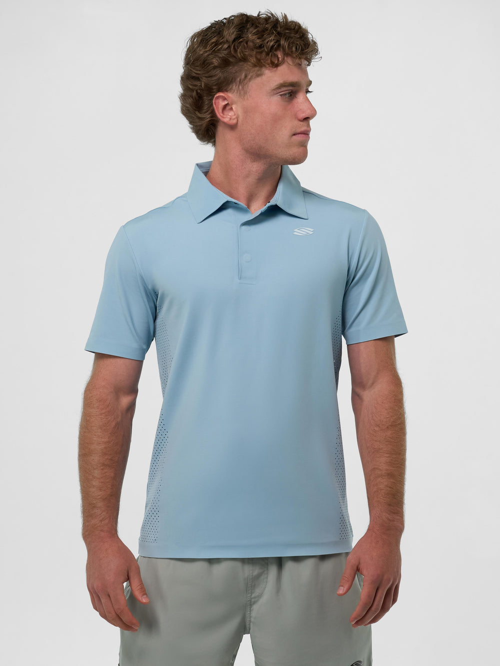 Selkirk pickleball men's polo shirt, available in black, white, blue, tan, and grey.