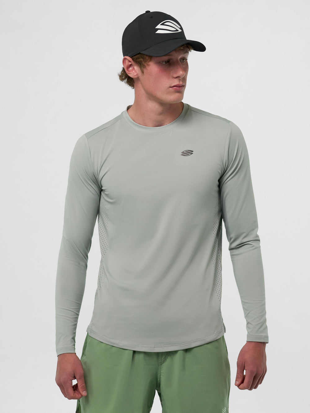 Selkirk pickleball men's long-sleeve shirt in black, grey, and white.