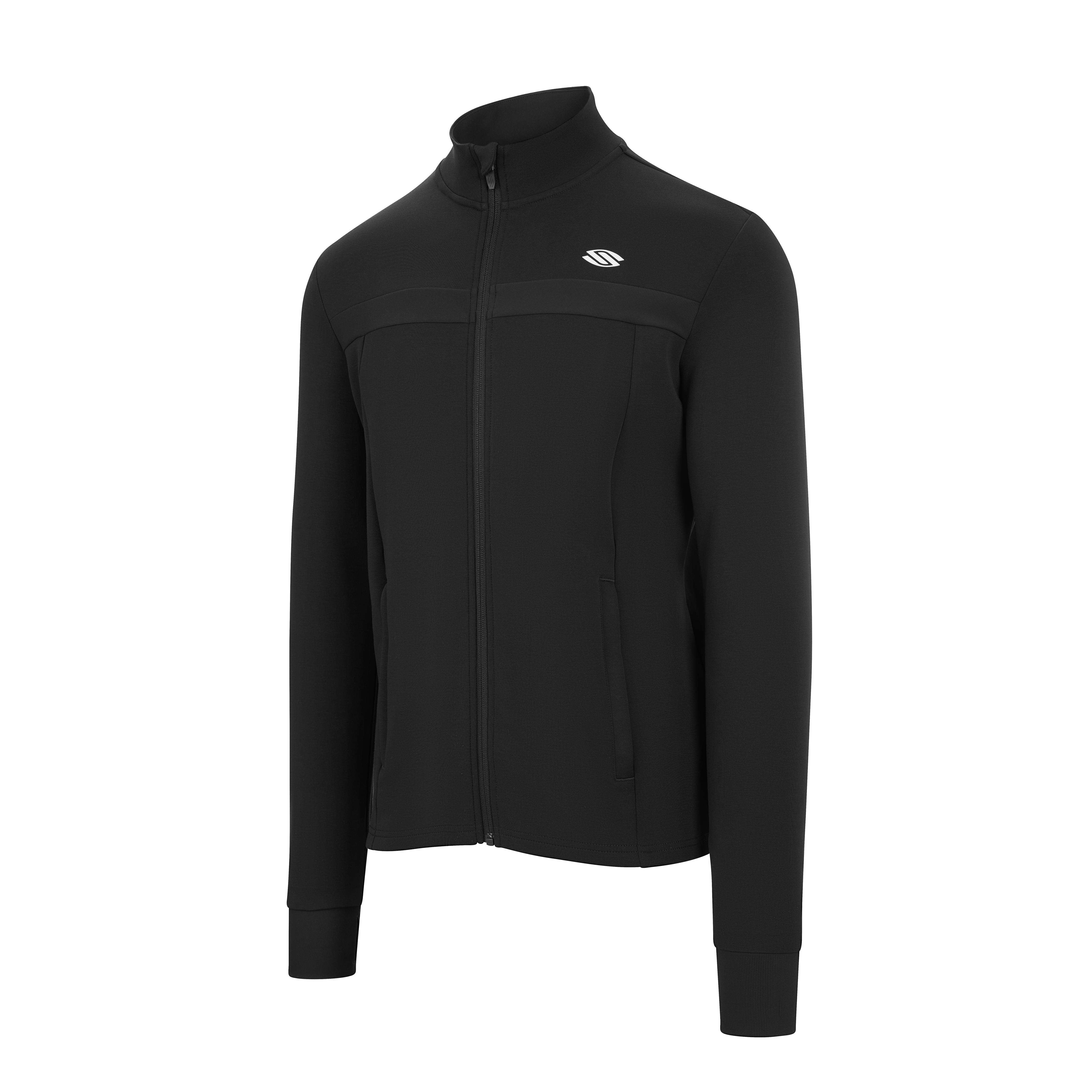 Selkirk pickleball men's full-zip jacket in black, tan, and white.