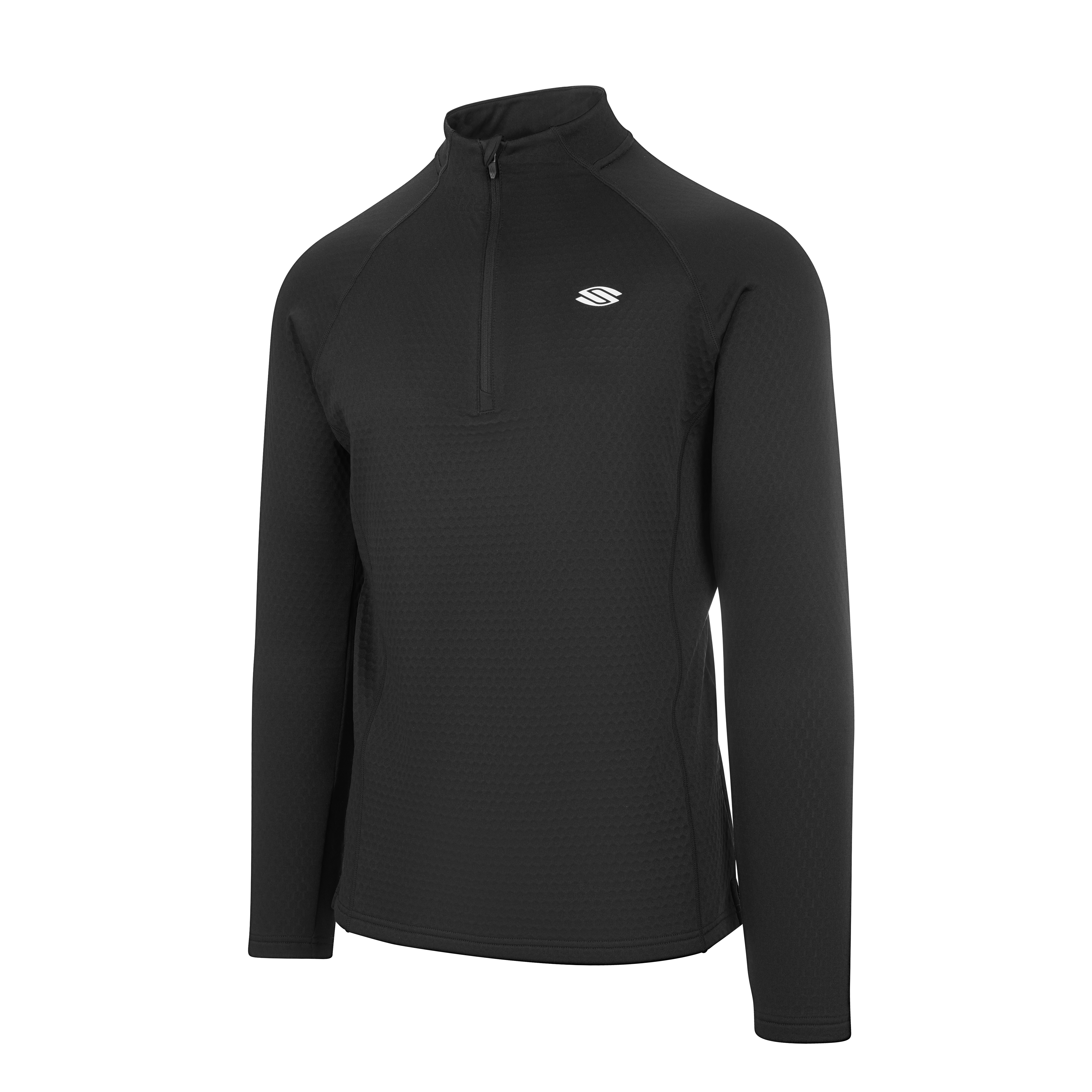 Selkirk pickleball men's quarter-zip shirt in black, white, and grey.