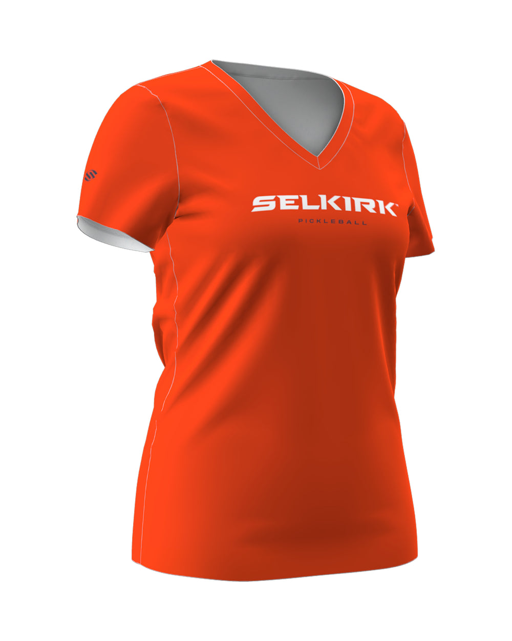 Selkirk Sport women's Symmetrix short-sleeve v-Neck pickleball t-shirt in black, grey, and red.