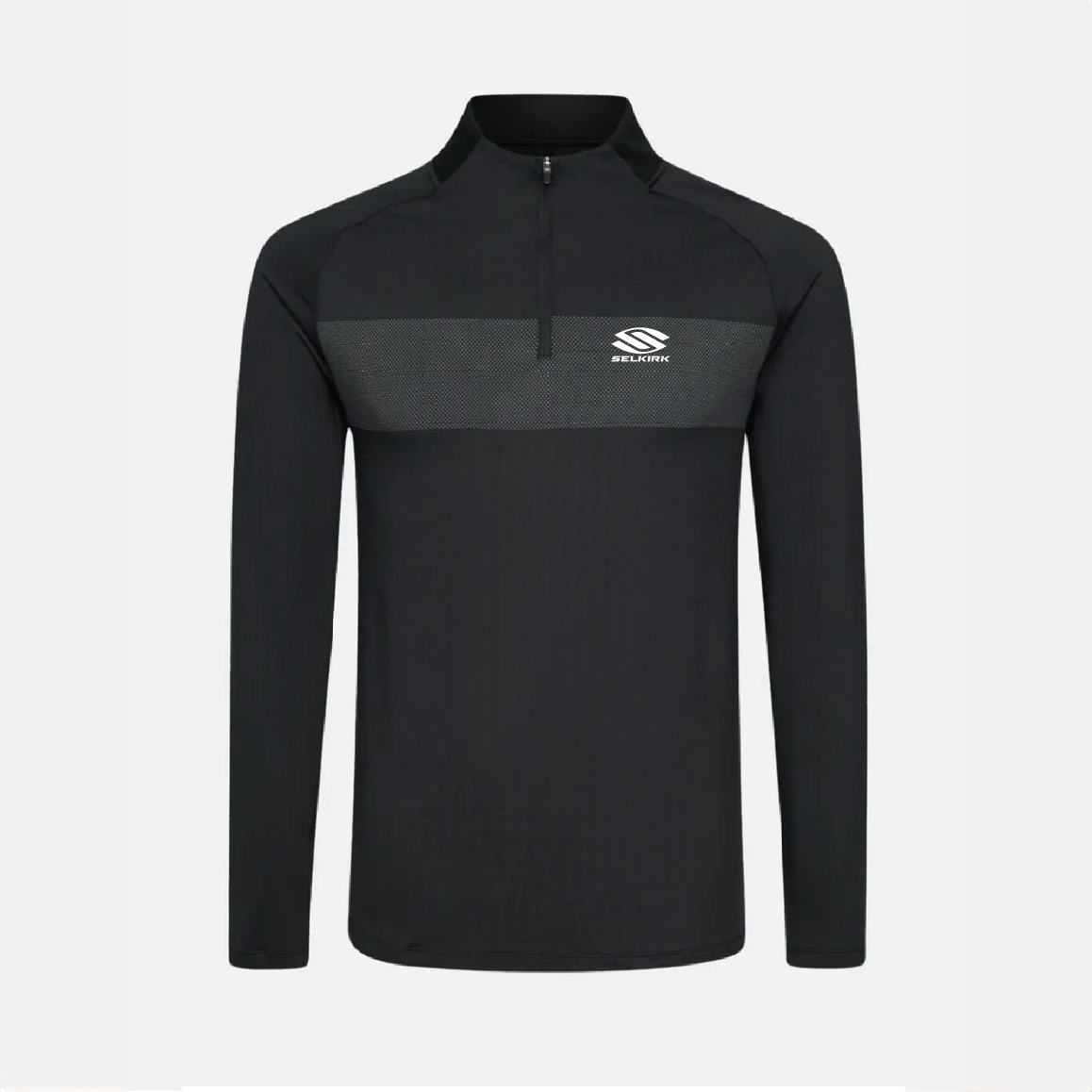 Selkirk TruWear Men's Apex 2.0 Lifestyle Quarter Zip Pickleball Pullover in black, gray, and navy blue.