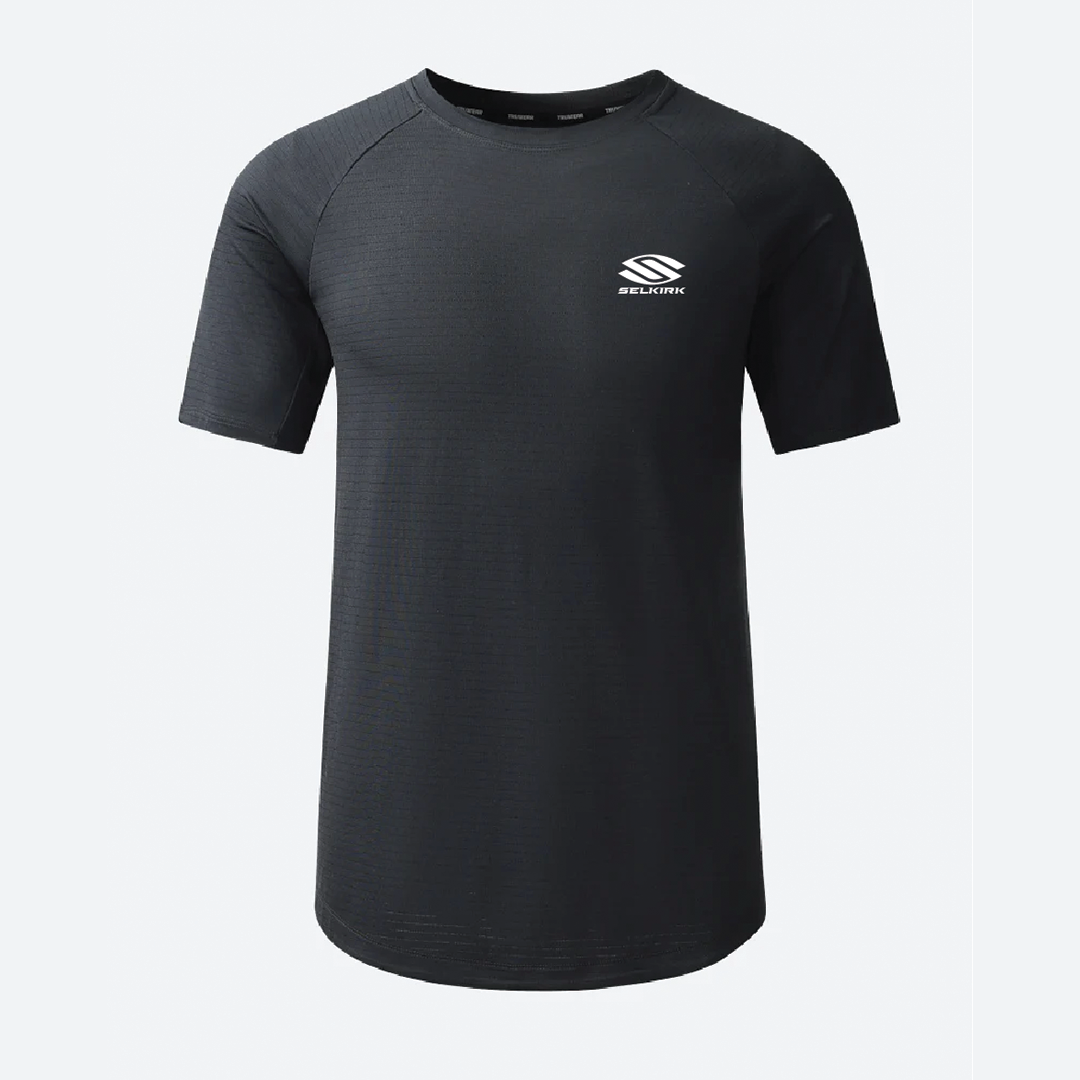 Selkirk TruWear Men's Cardinal Short-Sleeved Pickleball Workout Shirt in black, charcoal, and cream.