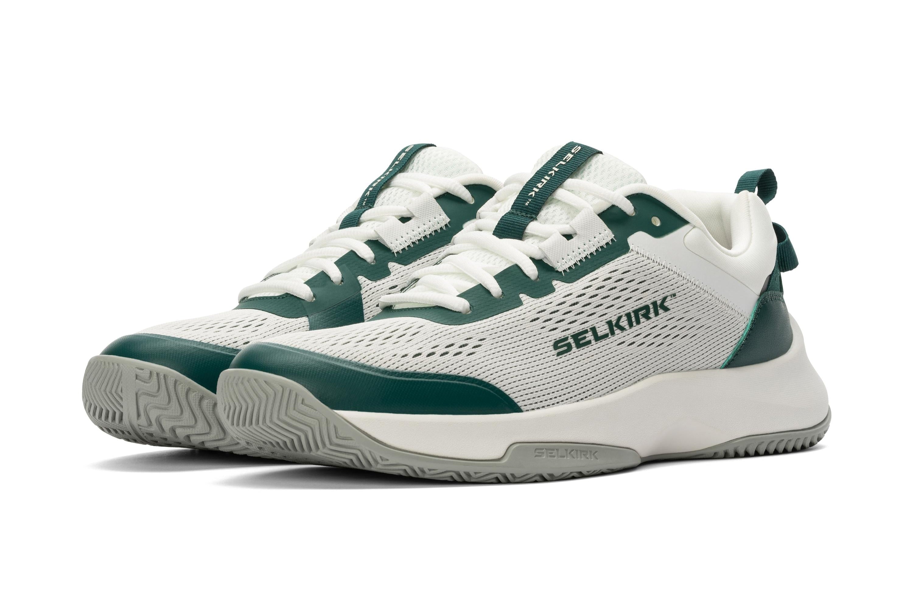 Selkirk Courtstrike men's pickleball shoes in white, green, and grey.