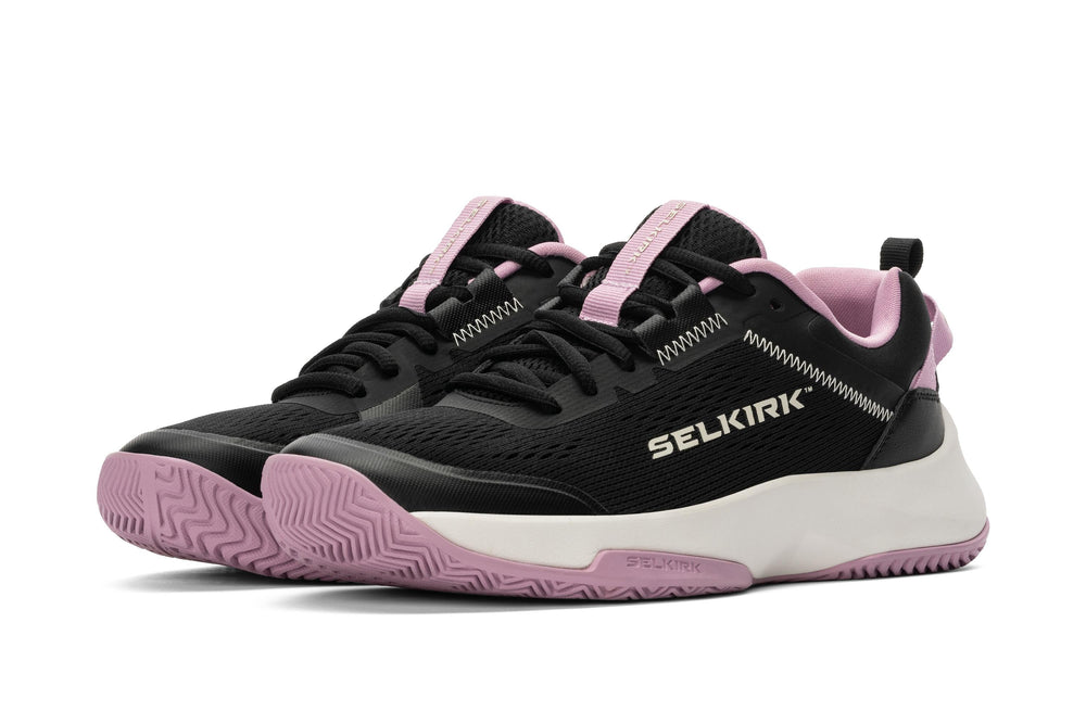 Selkirk Courtstrike women's pickleball shoes in black, pink purple, and white.