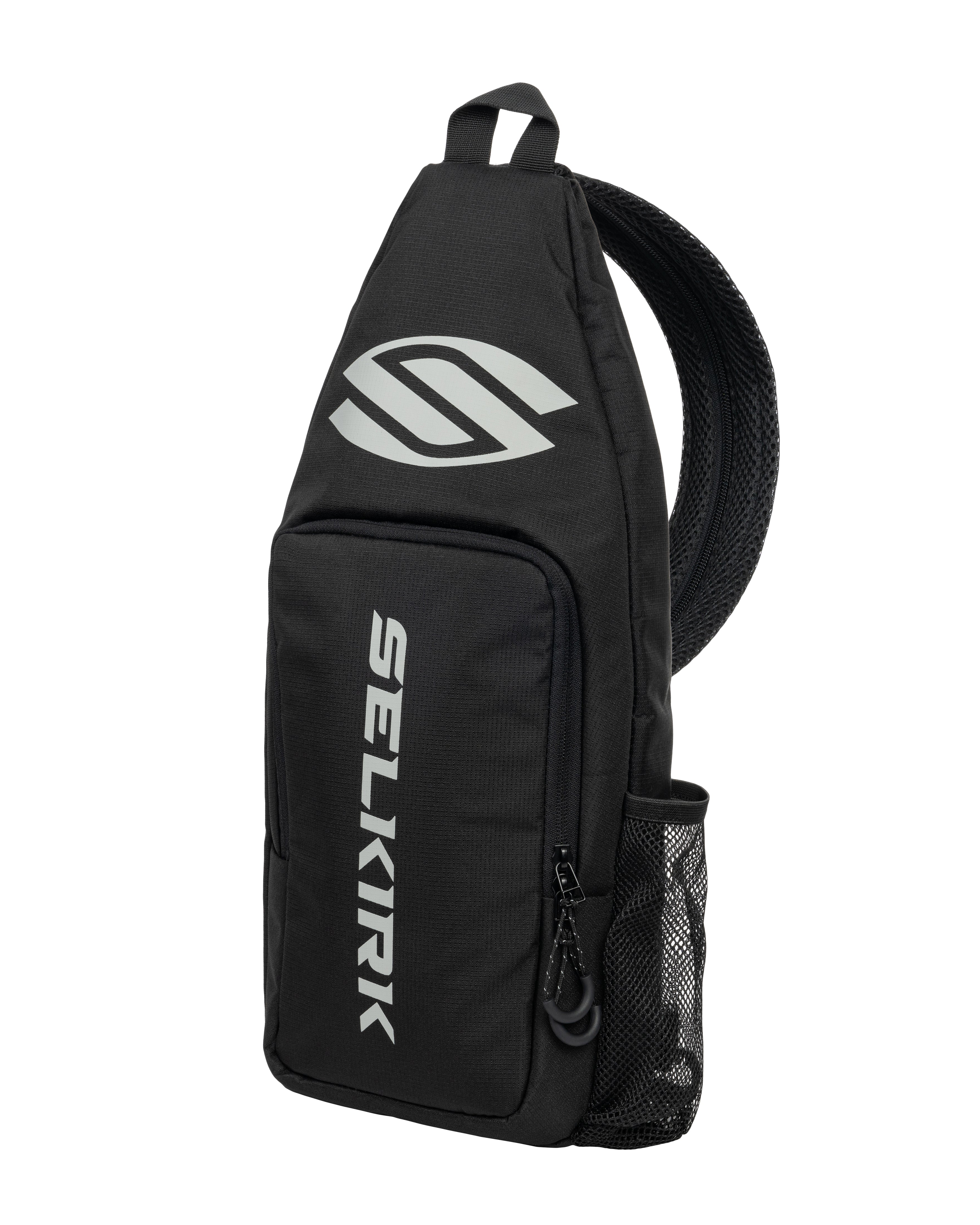 Selkirk pickleball sling bag in black, green, purple/pink, gold, red, and gray.