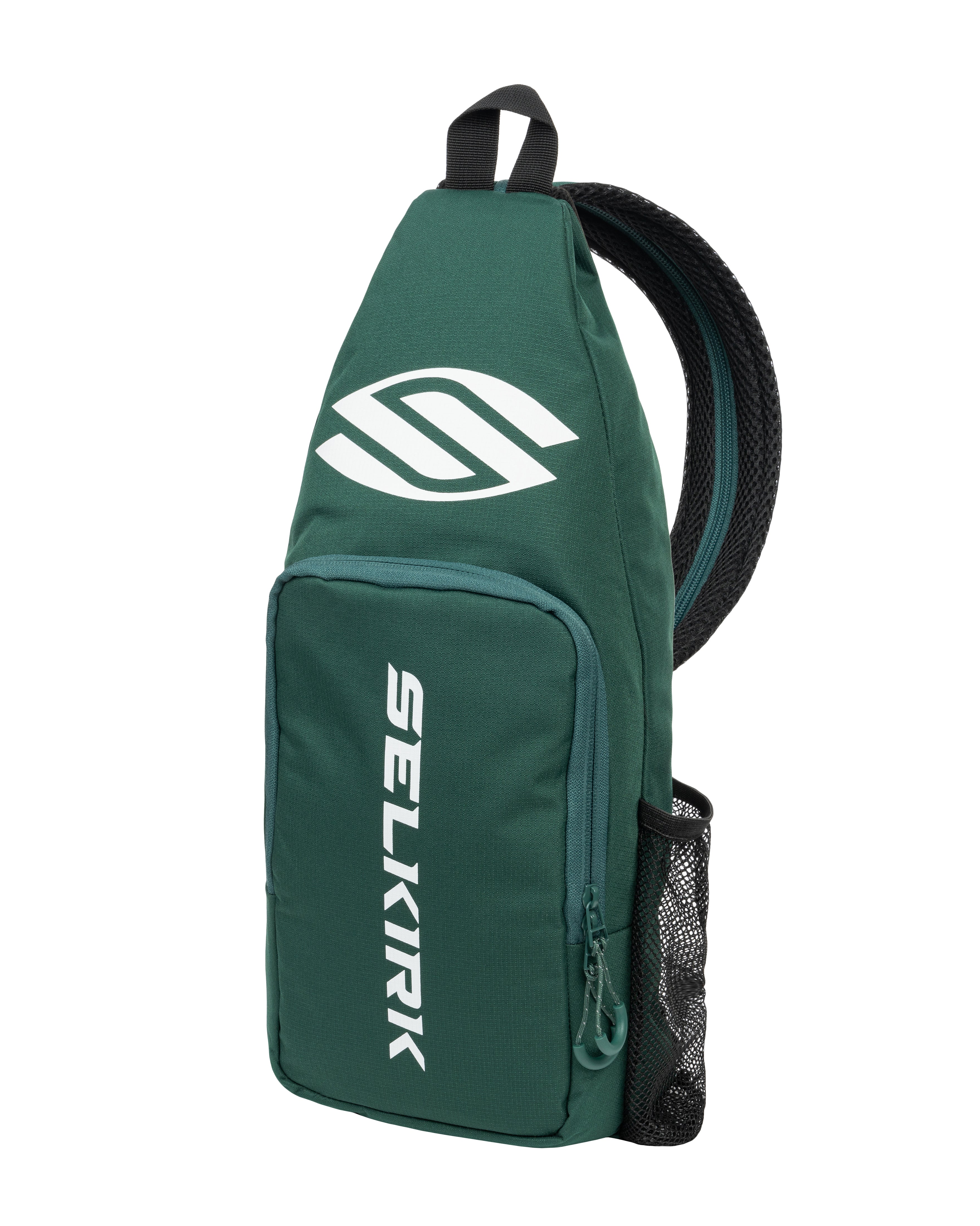 Selkirk pickleball sling bag in black, green, purple/pink, gold, and gray.