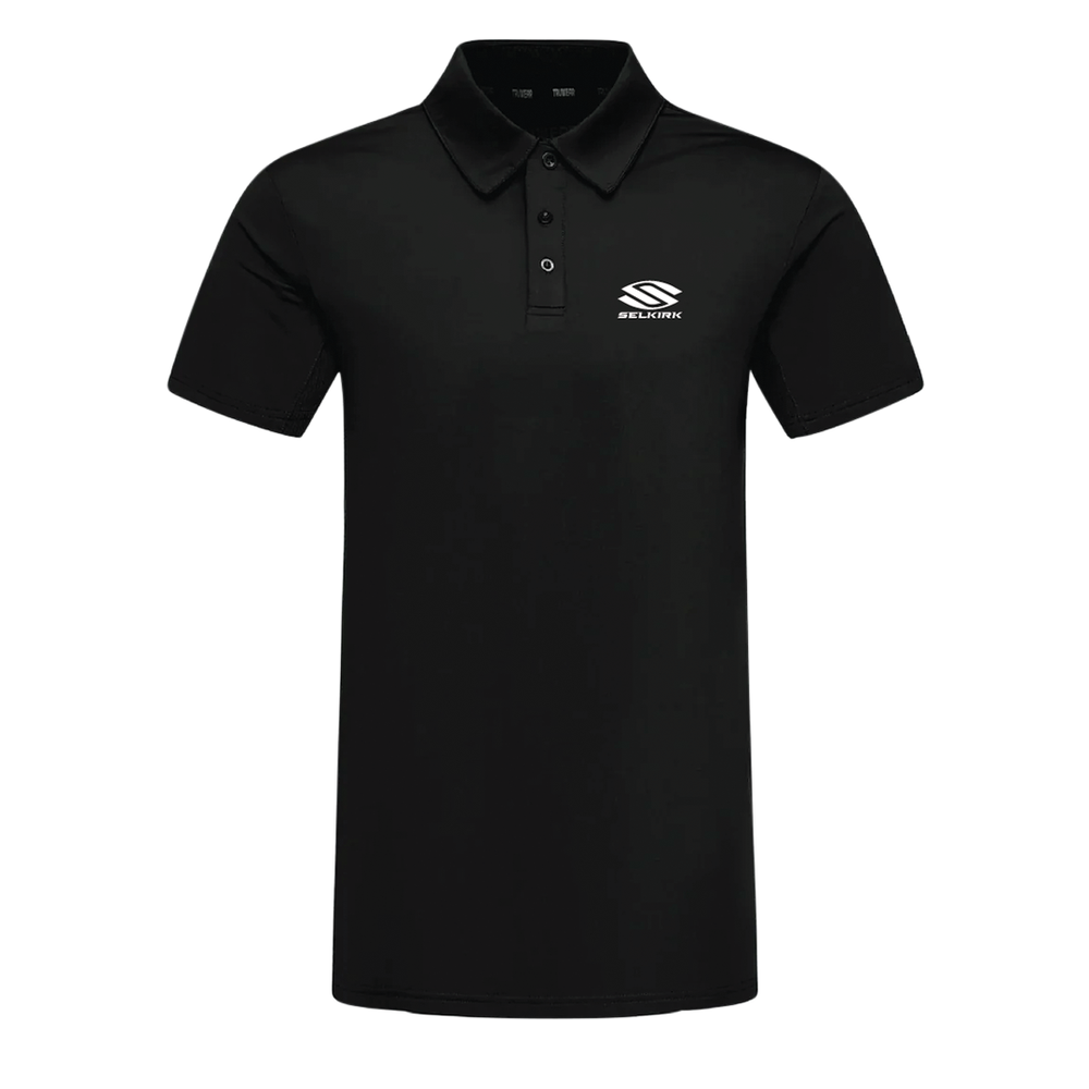 Black Selkirk pickleball TruWear Men's Polo Shirt with logo, made from breathable fabric.