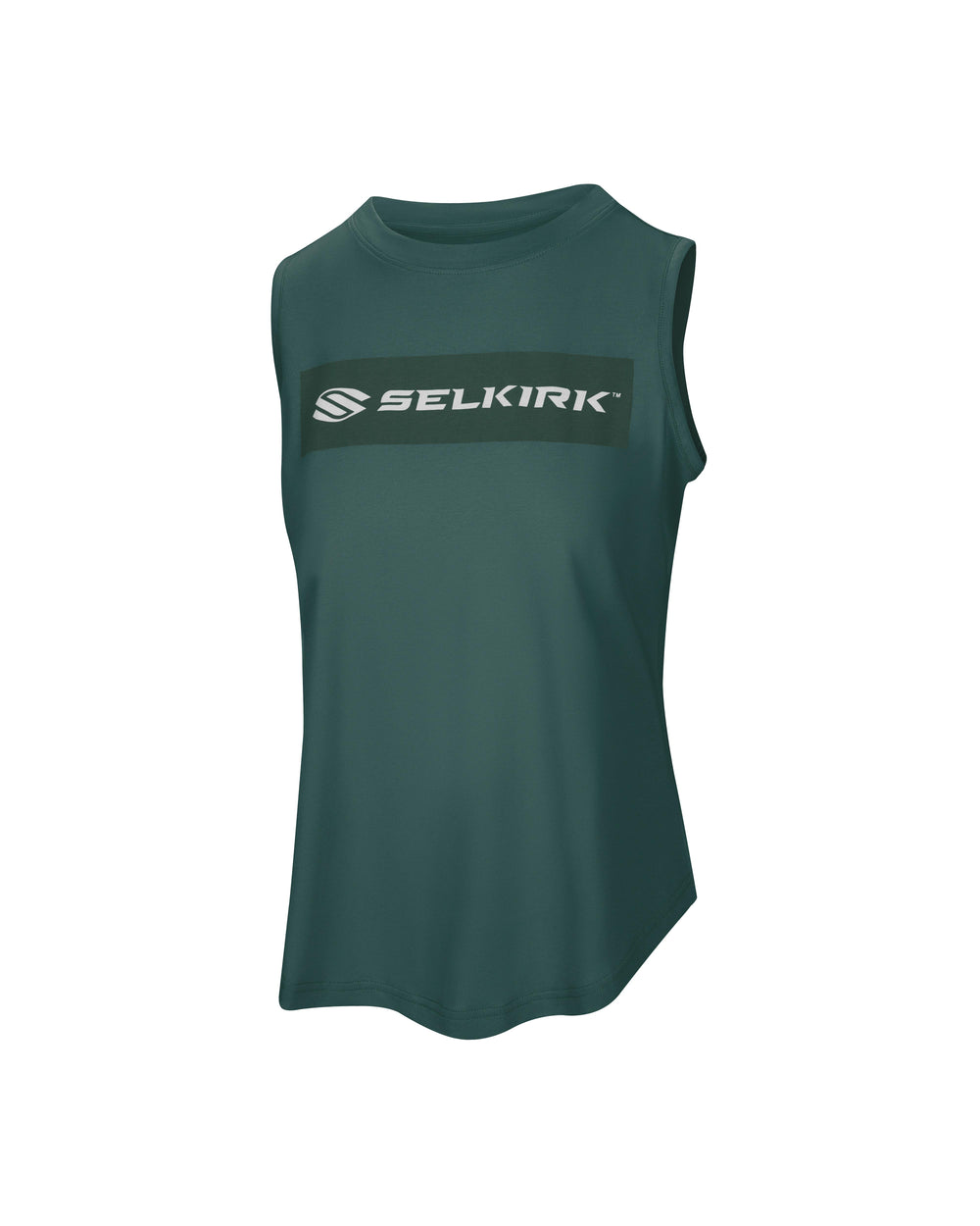 Black sleeveless tank top with 'Selkirk Sport' text in red