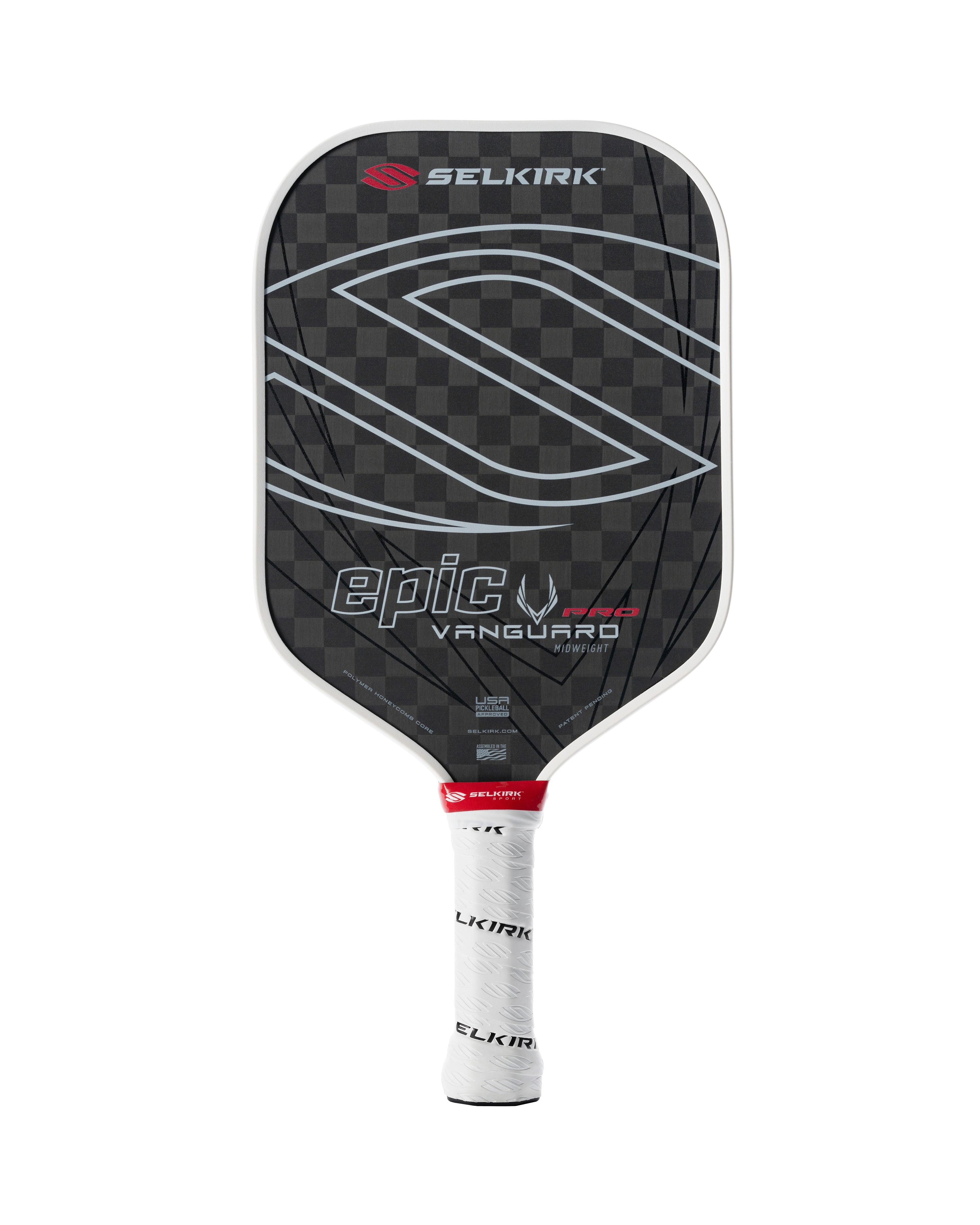 Selkirk VANGUARD Pro pickleball paddle with a black and white design