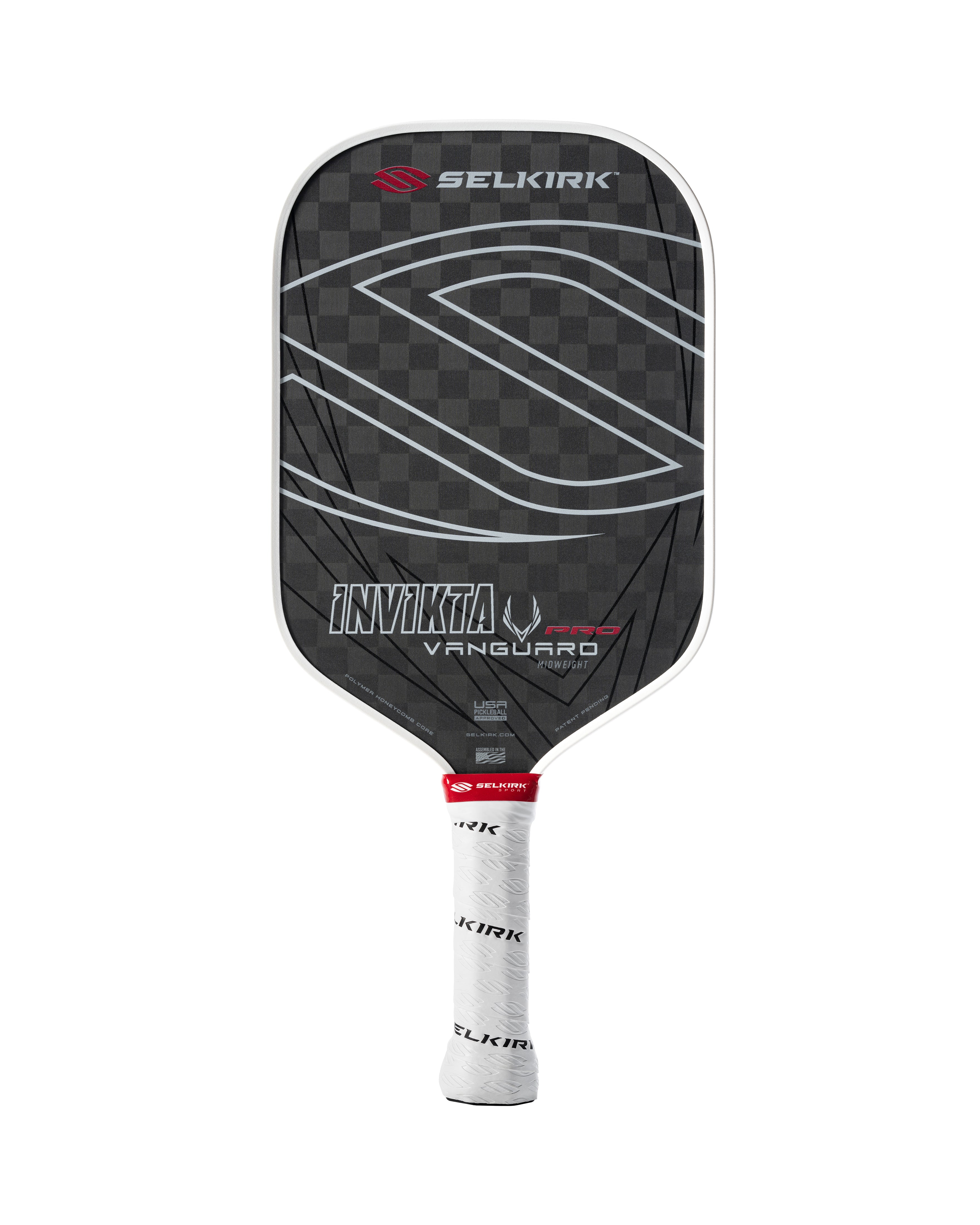 Selkirk VANGUARD Pro Invikta pickleball paddle with a checkered design and white grip.