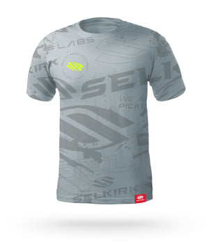 Crafted for Selkirk Sport pickleball athletes and fans, introducing the Selkirk Emblem Men's Short Sleeve pickleball shirt with Selkirk's Stretch-Wik Technology, in gray, blue, and green, for pickleball players.